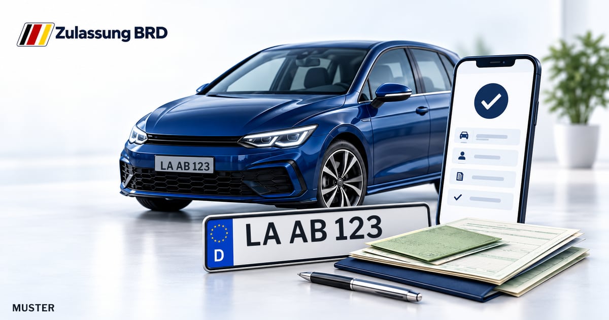 Online Fahrzeugzulassung in Ergolding: Musterkennzeichen LA AB 123, Auto und Fahrzeugpapiere und Smartphone. Illustration mit Logo von Zulassung BRD.